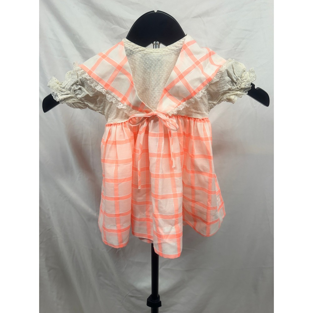 Vintage Toddler Girls Peach Plaid Swiss Dot Sailor Collar Lace Trim Bow Dress